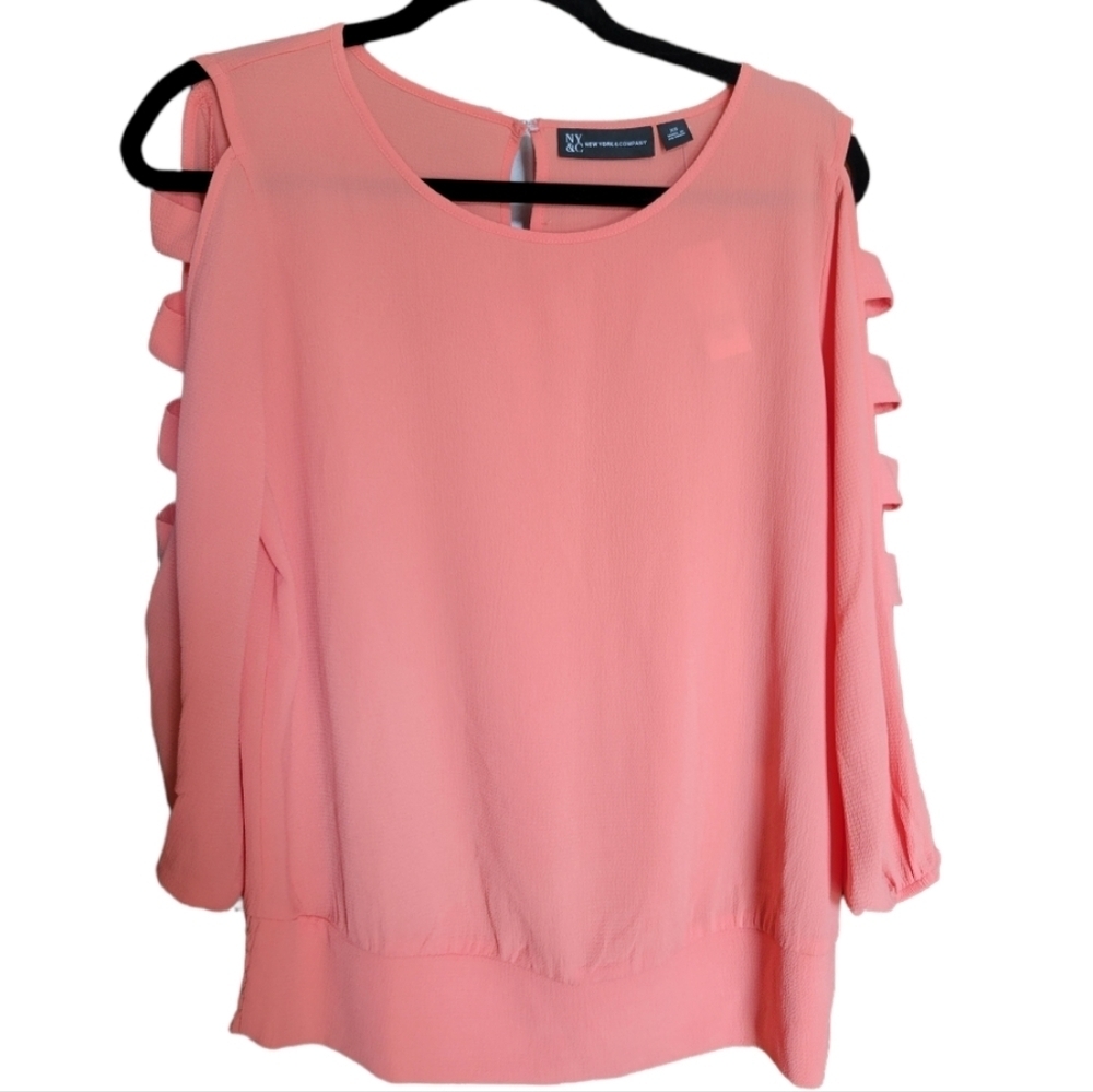 NY & Co Soft Papaya Ladder Sleeve‎ Blouse XS Boho Office Summer NWT - Picture 6 of 8